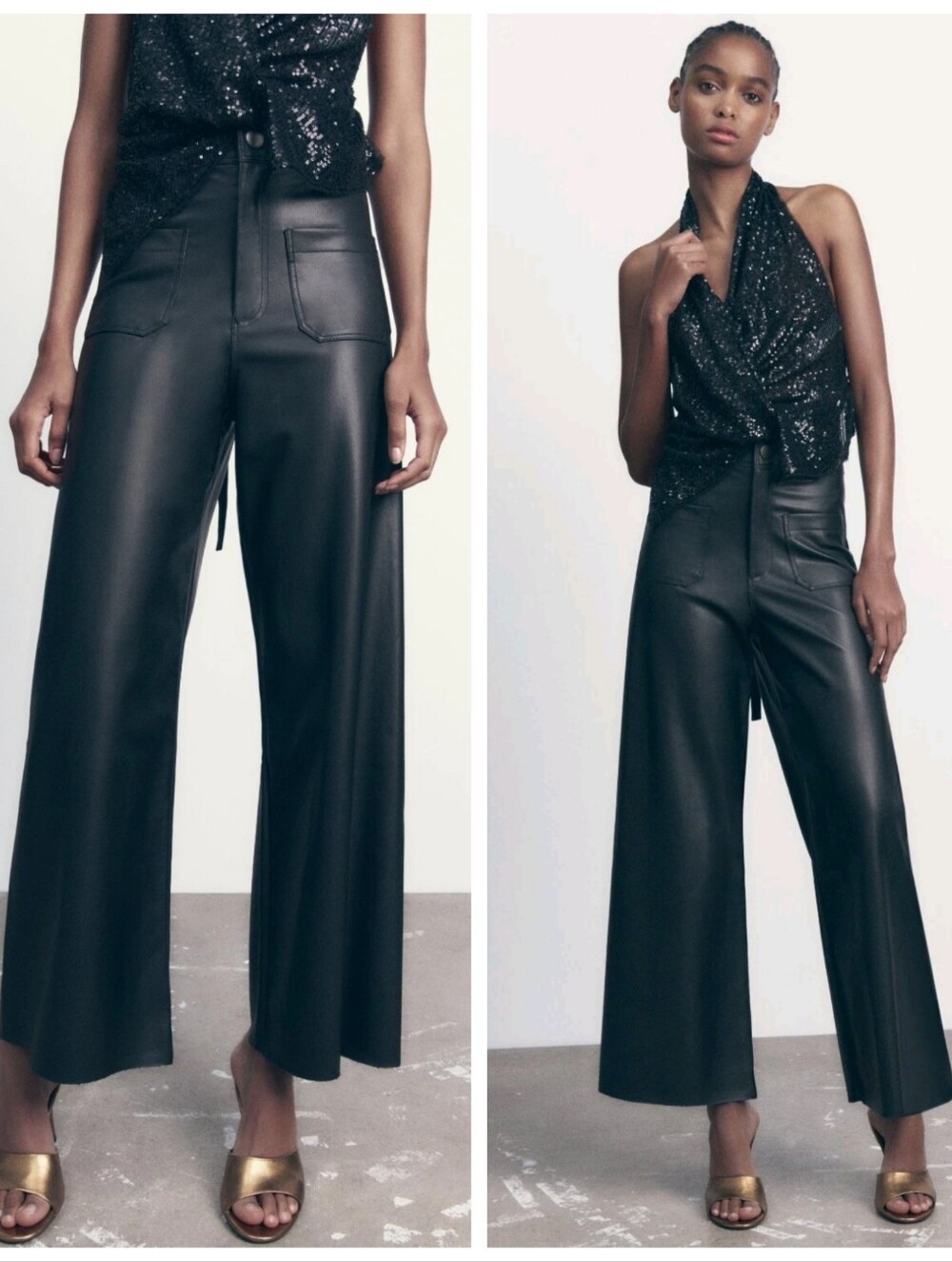 ZARA The Marine Straight Black Faux Leather Patch Pockets Women's 10 Bikercore